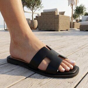 NWT Top Moda Black H-Strap Slide Sandals | Cutout Summer Flats